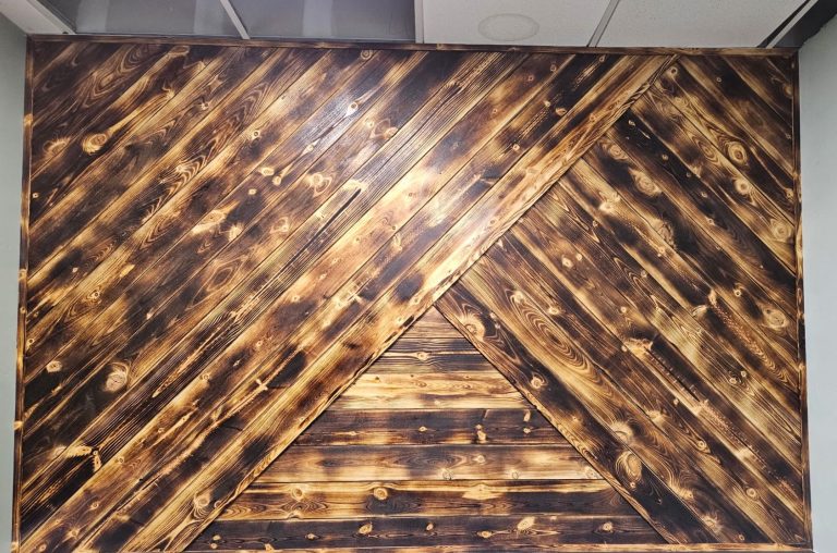Rustic and professional-looking dark wood-stained salon wall