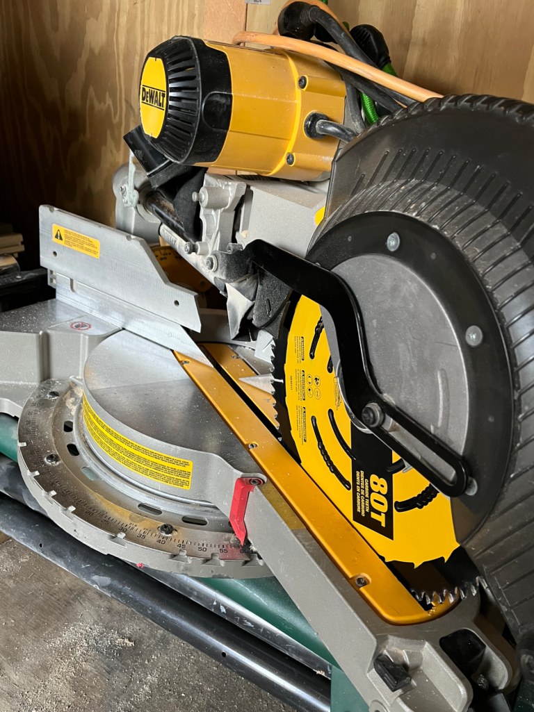 Close-up of a portable DeWalt miter saw 