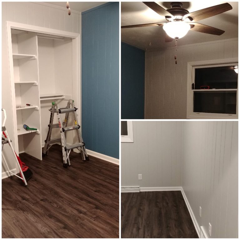 Newly-installed white closet shelving and clean trim to match in this kid's bedroom